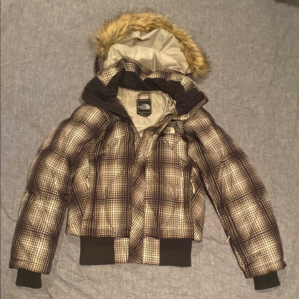 The North Face Checkered  Neutral plaid Puffer Jacket with Fur Trim Women’s S/P